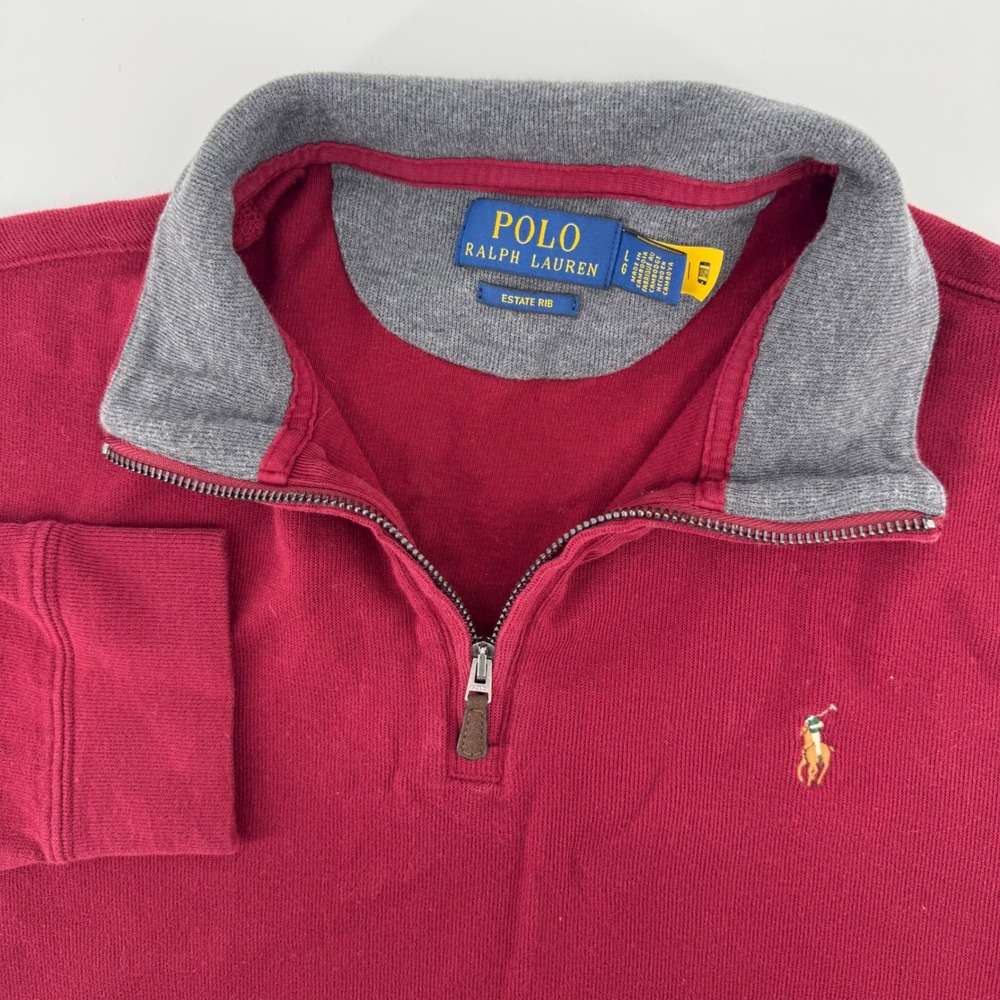 Polo Ralph Lauren Quarter Zip Mens Large Red Estate Rib Pullover Cotton Sweater